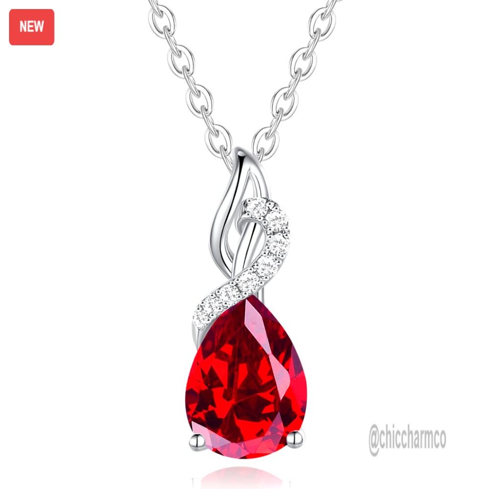 14k White Gold Diamond Ruby Pendant Necklace, 16"+2" Chain, Gift Box